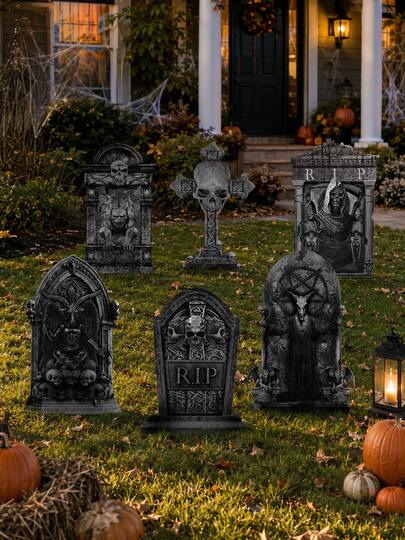 Halloween Cemetery Tombstone Prop Yard Stake Sign, 6 Styles Outdoor Tombstones, Suitable For Cemetery Halloween RIP Tombstones, Outdoor Prop Yard Decoration With Stakes