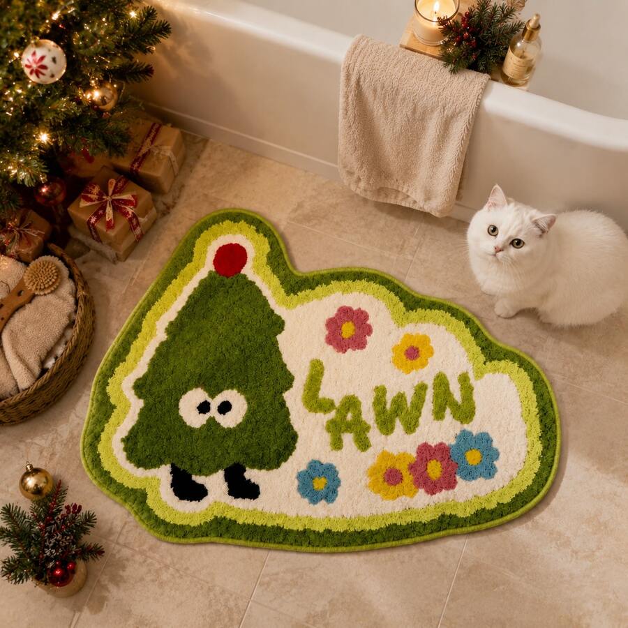 1pc Christmas Faux Cashmere Cartoon Anthropomorphic Christmas Tree Shaped Decorative Mat, Anthropomorphic Cartoon Christmas Tree With Colorful Small Flowers And LAWN Letter Print, Fresh Contrast Color Design. Suitable For Bedroom Bedside, Living Room, Entrance Hall, Soft Skin-Friendly Touch, Machine Washable, Creating A Lively And Healing Autumn/Winter Home Space - Multicolor - View 1