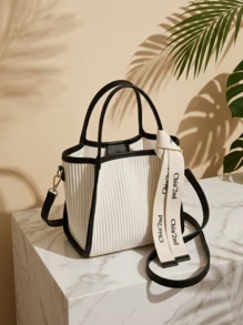 CAJUNI Letter Tape Decor Contrast Binding Square Bag - Beige - View 1