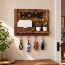 1pc 2D Flat HOME Rustic Wooden Key Hook Rack, 4 Hooks Wall Mounted Key Holder Organizer For Entryway, Kitchen, Office, Key Rack, Apartment, Farmhouse Home Decor Gift - View 1