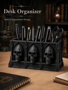 1set/1pc Halloween Skull Castle Shaped Multi-Compartment Pen Holder, Black Dark Gothic Style Appearance, 3D Skull Heads With Pointed Arch, Carved Pillars, Bat Pattern And Vintage Base, 3-Compartment Classification Storage, Easy To Access And Organize Pencils, Gel Pens, Signature Pens, Scissors, Rulers, Paint Brushes, Makeup Brushes And Daily Small Items, Suitable For Students, Teachers And Office Workers - Multiple Styles - View 3