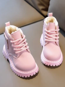 Girls' Winter Thermal Lined Short Boots, Pink, Thick Plush Lining, Non-Slip Thick Sole, Comfortable Versatile Fashion Boots For Little Girls - Pink - View 1