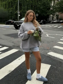 Light Gray Soft Knit Round Neck Sweater Women Autumn Winter Loose Slouchy Slimming Knit Top - Light Grey - View 2