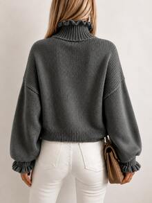 Women's Comfortable Knitted Pullover Sweater, Ruffle Collar, Long Sleeve Design - Grey - View 3