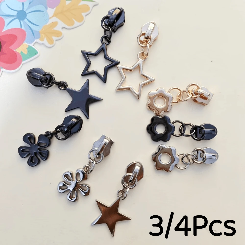 3/4Pcs #5 Zipper Pulls With Gold Chain - Star & Flower Zipper Locks Suitable For Bags, Clothing, Handbags - Nylon Suitable For Zipper Pulls Suitable For DIY Crafts & Repair - Multicolor - View 1