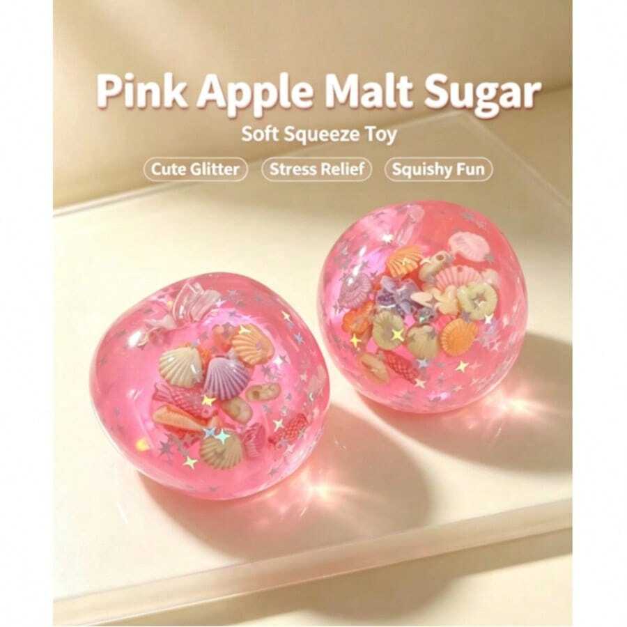1PC Transparent Glitter Sphere Squishy Toy, Star & Shell Filled Soft Squeeze Fidget Toy, Cute Desktop Stress-Relief Ornament