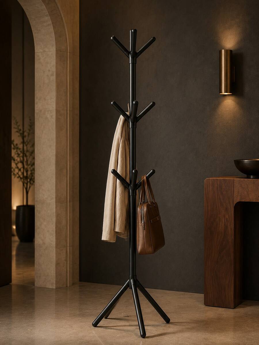 1pc Black & White Modular Tree-Shaped Standing Coat Rack, Easy Assembly Vertical Garment Rack, Triangular Stable Base, Multi-Prong Hook Design, Suitable For Bedroom, Entryway, Strong Load-Bearing, Can Store Coats, Bags, Hats, Minimalist Multi-Functional, Space-Saving, Practical Home Storage