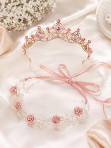 2/1pc Kids Girls Princess Tiara Crown & Floral Pearl Hair Vine Set, Pink Rhinestone Hair Accessories For Birthday, Pageant, Party, Photo Shoot - Multicolor - View 8