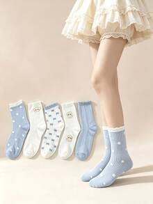 1/5 Pairs Blue & White Floral Cute Puppy Bow Mid-Calf Socks - Multicolor - View 1