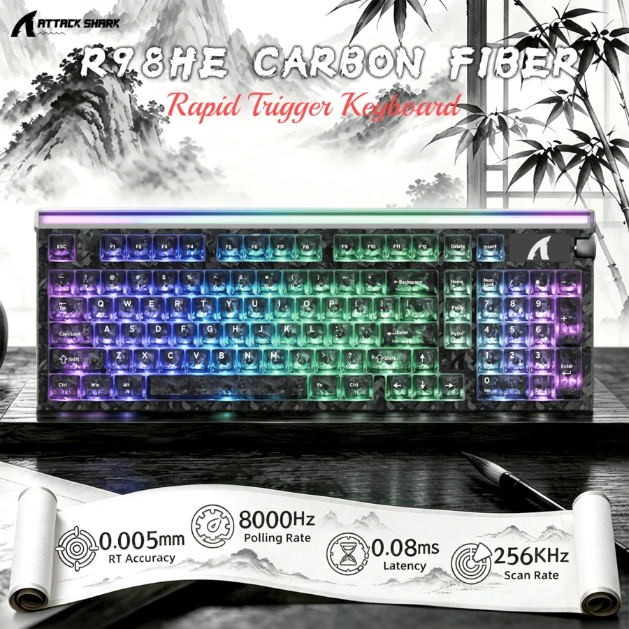 ATTACK SHARK R98HE Carbon Fiber Wired RT Mechanical Gaming Keyboard, Hall Effect Magnetic Switch Hot Swap,8KHz Polling Rate,0.005mm RT Accuracy,RGB Backlit,Web Driver For PC Mac Esport Gamer