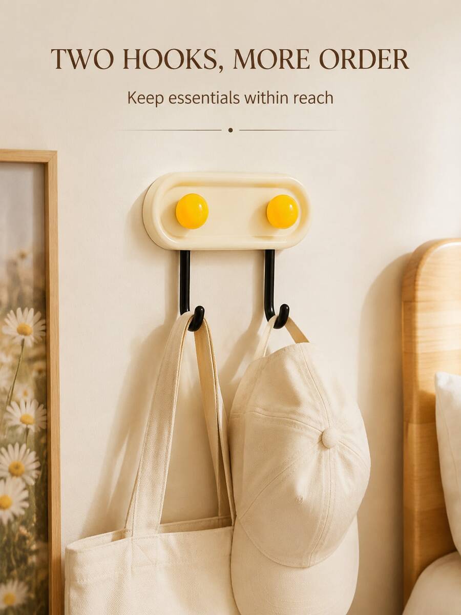 Modern Dopamine Oval Wall-Mounted Double Hook With Colorful Round Knob, Self-Adhesive No-Drill Design, Dual Hanging Arms, Compact Storage Hook, Suitable For Bedroom, Entryway, Dorm, Bathroom And Kitchen, Can Hang Keys, Towels, Bags And Accessories - Multicolor - View 1