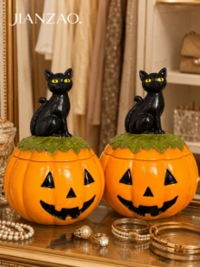 1pc Halloween Pumpkin Storage Jar With Black Cat Lid, Jack-O'-Lantern Decorative Jewelry Box For Candy, Rings, Necklaces, Home Desktop Holiday Decor - Pumpkin Cat Storage - View 4