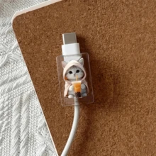 4件組適用於Apple iOS手機充電線固定夾保護套 數據線防斷可愛貓狗造型保護套 數據線配件 - 粉衣奶茶貓+奶茶狗組合 - 查看 4