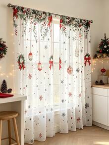 2PCS Christmas Print AB Sheer Curtains, Rod Pocket, Polyester, Home Decor, Window Drapes, Bedroom Living Room, Kitchen - Multicolor - View 2