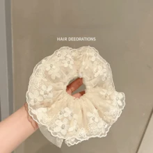 1pc Pearl Flower Lace Mesh Scrunchie, Suitable For Gentle Elegant Women For Commuting And Dating, Cream White Mesh Base With 3D Floral Embroidery Lace, Elegant Cute Country Style Bridal Hair Accessory, Soft Elastic Without Pulling Hair, Can Tie Ponytail And Bun, French Luxury Atmosphere Hair Ornament - Multicolor - View 6