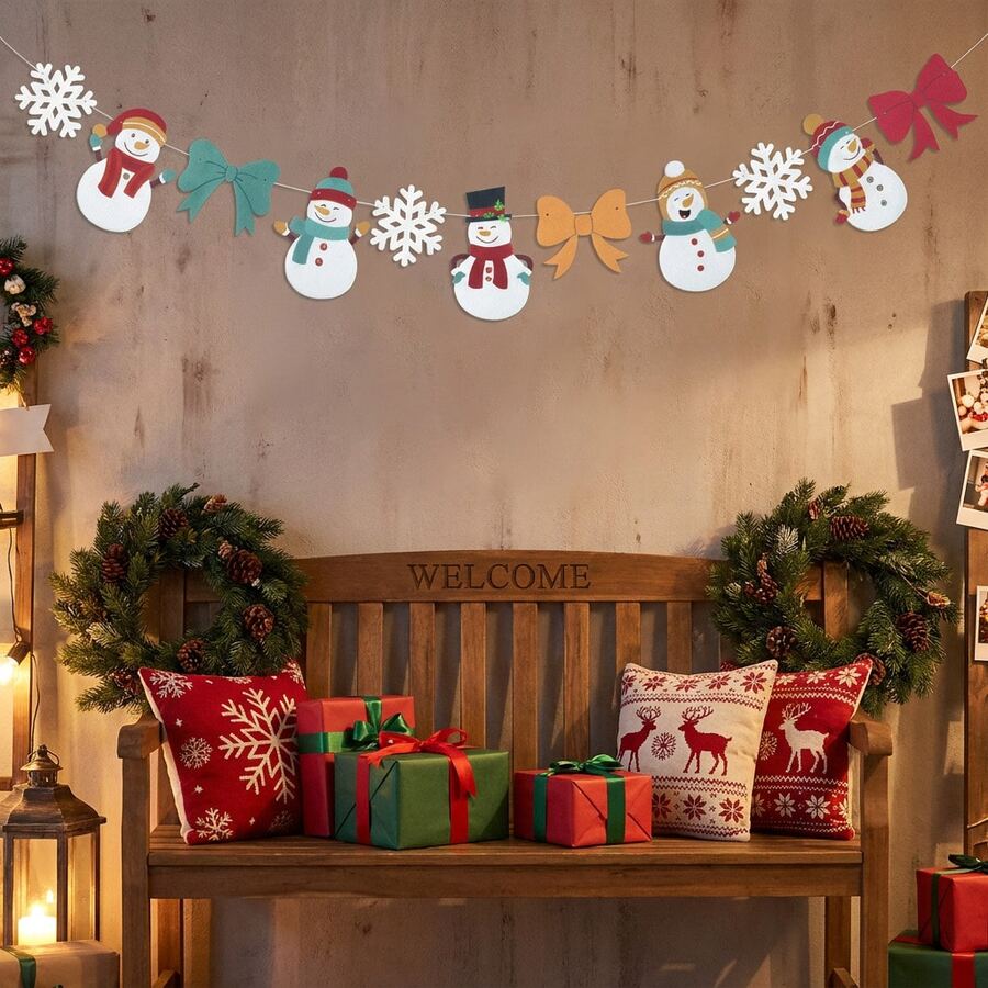 1set Felt Christmas Banner, Snowman Snowflake Bow Pattern Bunting, Christmas Decorations For Home, Winter Holiday Party Supplies, Mantel Wall Window Hanging Decor, Indoor Outdoor Xmas Party Scene Decor - A - View 1