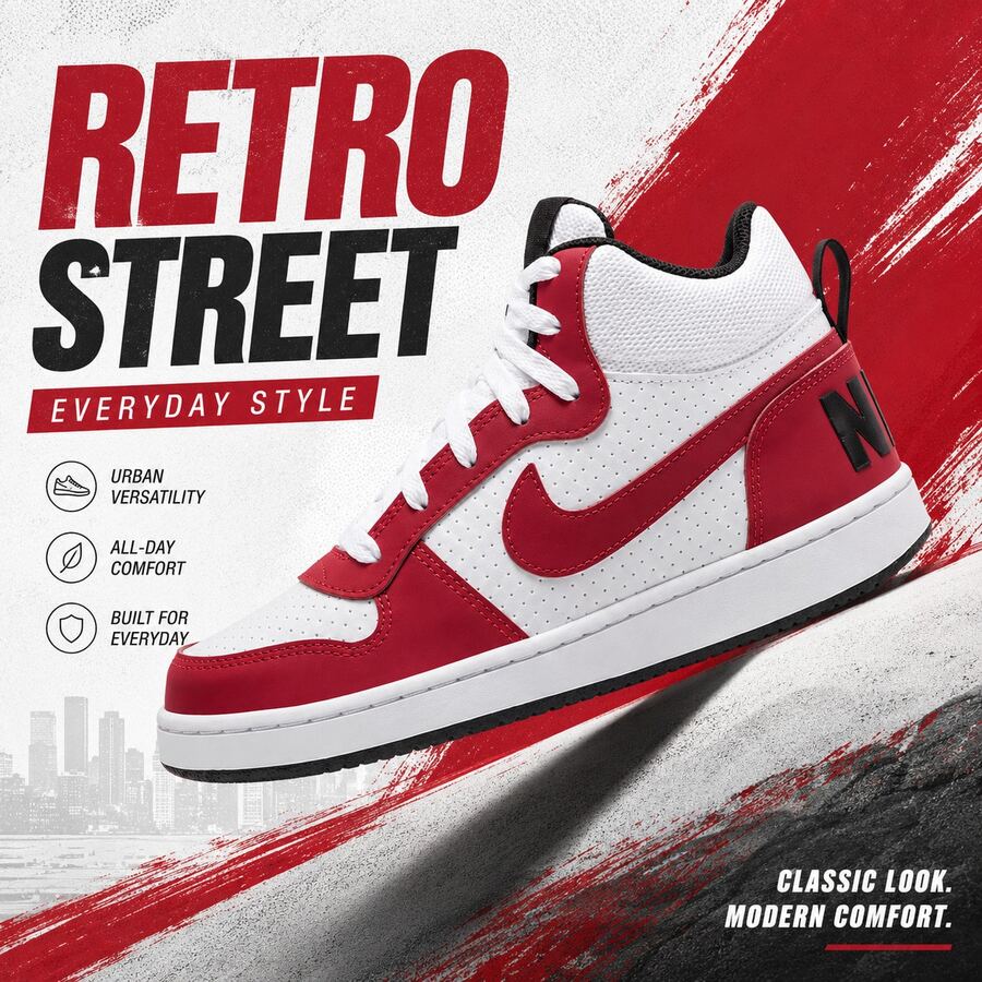 NIKE 女款 Court Borough Mid Retro 紅色與白色拼色皮革鞋面街頭休閒運動鞋 839977-103 - 紅白色 - 查看 1