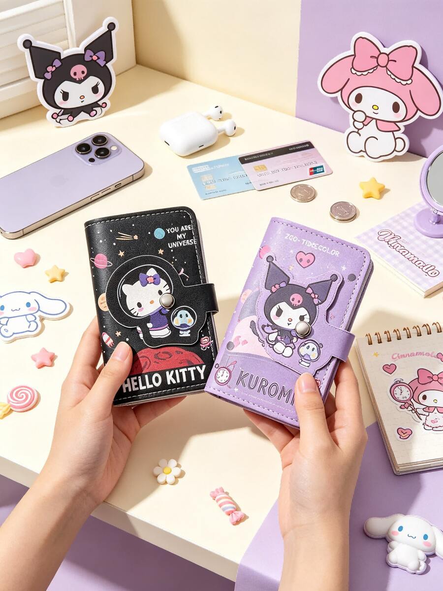 asmodee Sanrio Character Short Bifold Wallet, Hello Kitty & Kuromi Snap‑Button PU Purse, Multi‑Card Slots & Cash Compartment, Vivid Printed Outer Surface - Multicolor - View 1