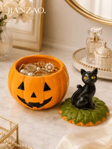 1pc Halloween Pumpkin Storage Jar With Black Cat Lid, Jack-O'-Lantern Decorative Jewelry Box For Candy, Rings, Necklaces, Home Desktop Holiday Decor - Pumpkin Cat Storage - View 2