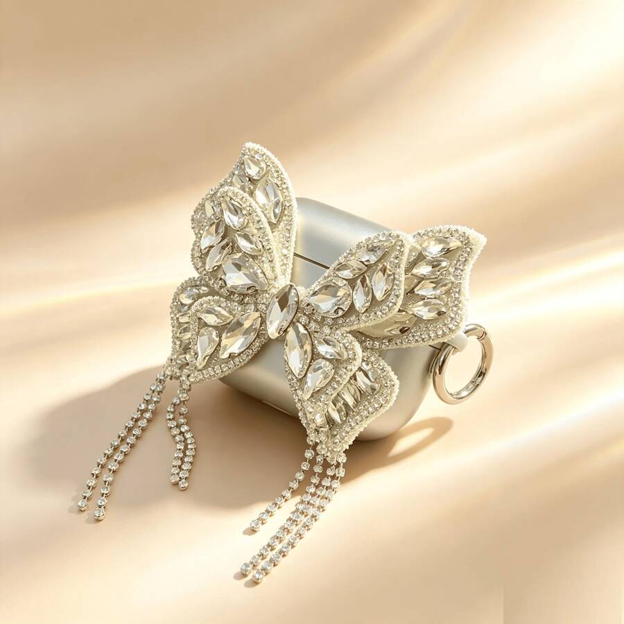 Glam Rhinestone‑Encrusted Big Butterfly Tassel Earbud Case, Matte Silver Hard Shell Shock‑Absorbing Luxury Bling Earphone Protective Cover With Decorative Butterfly Ornament. 1/2/3/4/Pro/Pro2(Nd)/Pro(3rd) - Silver-bright - View 1