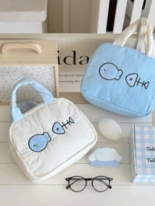 Cute Fish Bone Embroidery Padded Handheld Makeup Bag, Blue & White Color Options, Large Capacity Fabric Travel Skincare & Cosmetic Storage Organizer - Multicolor - View 3