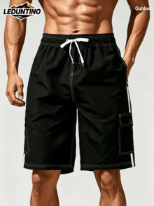 LEDUNTINO [Spring/Summer] Men's Fashion 2-In-1 Double Layer Shorts, Solid Color, Striped, Multi-Pocket, Men's Summer Elastic Waist Shorts Sports - Black - View 1