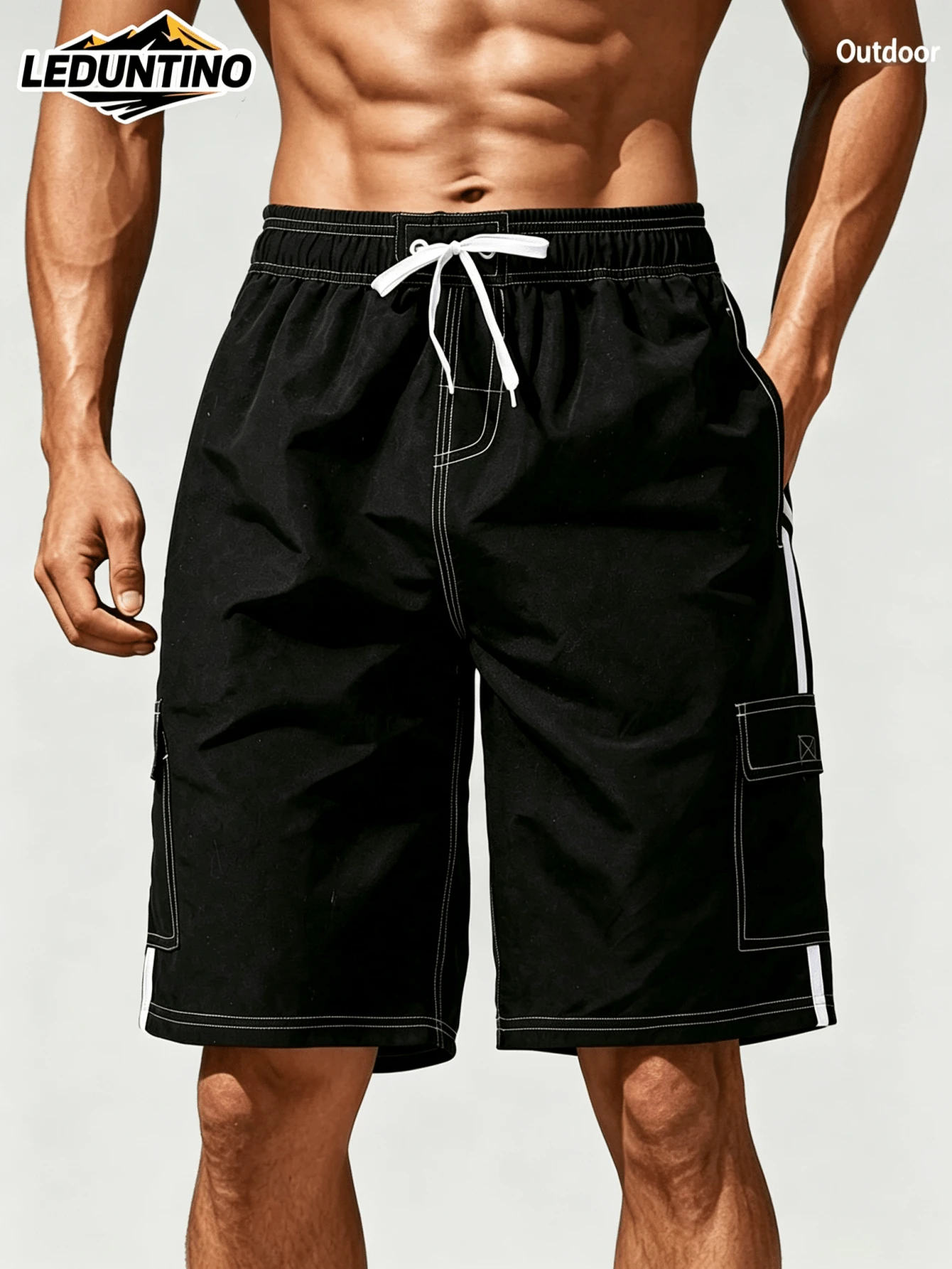 LEDUNTINO [Spring/Summer] Men's Fashion 2-In-1 Double Layer Shorts, Solid Color, Striped, Multi-Pocket, Men's Summer Elastic Waist Shorts Sports - Black - View 1
