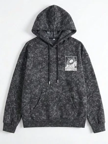 Women's Black Washed Sunflower Print Street Style Sweatshirt, Suitable For Daily Wear - Black - View 5