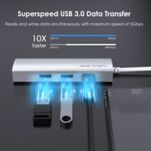 USB 3.0 Hub, 3-Port USB Hub With Gigabit Ethernet Adapter, Aluminum Compact Design, Plug & Play For Laptops/PCs, Silver - Silver - View 3