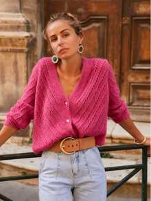 Women's Solid Color Casual Versatile Daily Wear Cardigan - Hot Pink - View 2