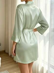 1pc Women's Solid Color Elegant Tie-Front Thin Cool Sexy Short Bathrobe Silk Comfortable Morning Robe For Home Use - Mint Green - View 5