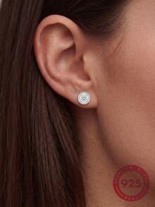 White Gold Plated S925 Silver Black CZ Round Studs, Dainty Hypoallergenic Earrings With Gift Box For All Festivals - White - View 1