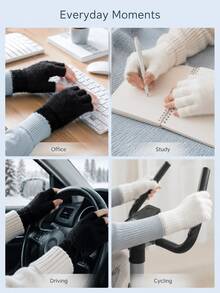 Women's Fleece Lined Half Finger Gloves, Warm Knitted Half Finger Gloves With Ribbed Cuffs, Suitable For Autumn And Winter, Open Finger Design Convenient For Typing, Writing And Learning, Office And Travel Accessory, Women's Christmas Gift - Multicolor - View 6