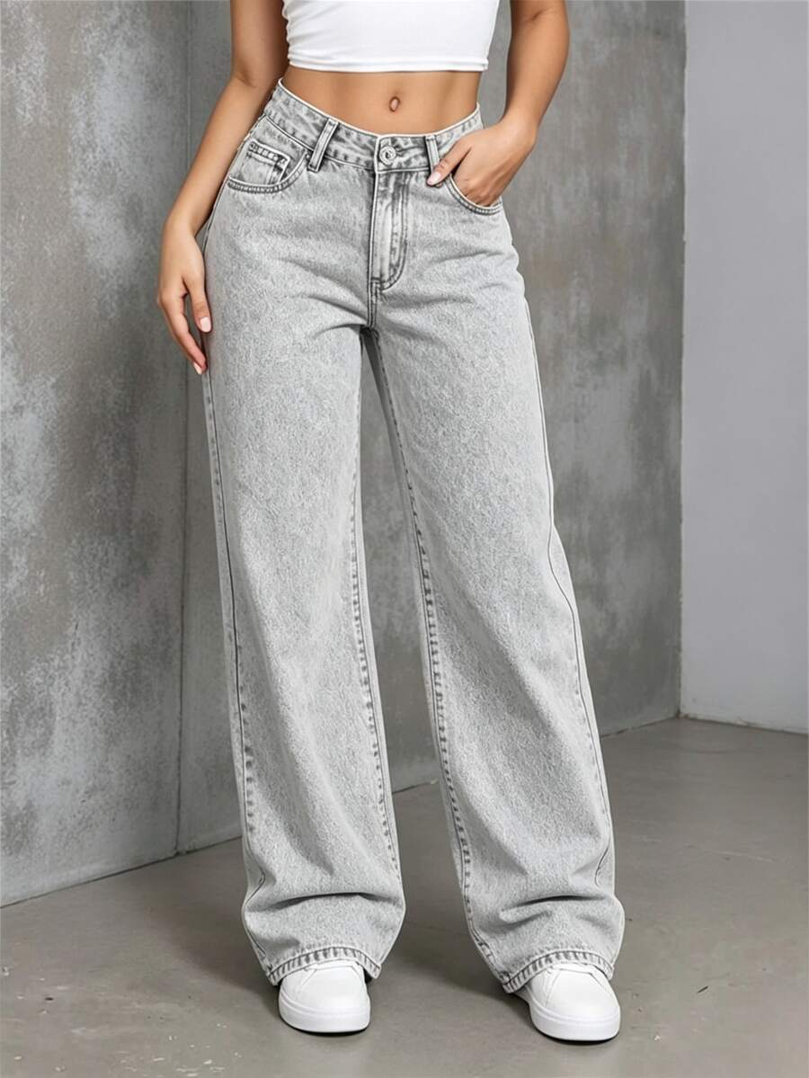 Youth Girl Casual Front Button Pocket Straight Leg Jeans - Grey - View 1