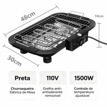 Uma grelha elétrica de bancada preta, 1500W/110V, antiaderente, sem fumaça, com aquecimento uniforme, durável e ideal para churrascos em varandas e residências. - churrasqueira - Visão 8