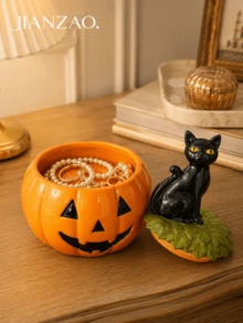 1pc Halloween Pumpkin Storage Jar With Black Cat Lid, Jack-O'-Lantern Decorative Jewelry Box For Candy, Rings, Necklaces, Home Desktop Holiday Decor - Pumpkin Cat Storage - View 8