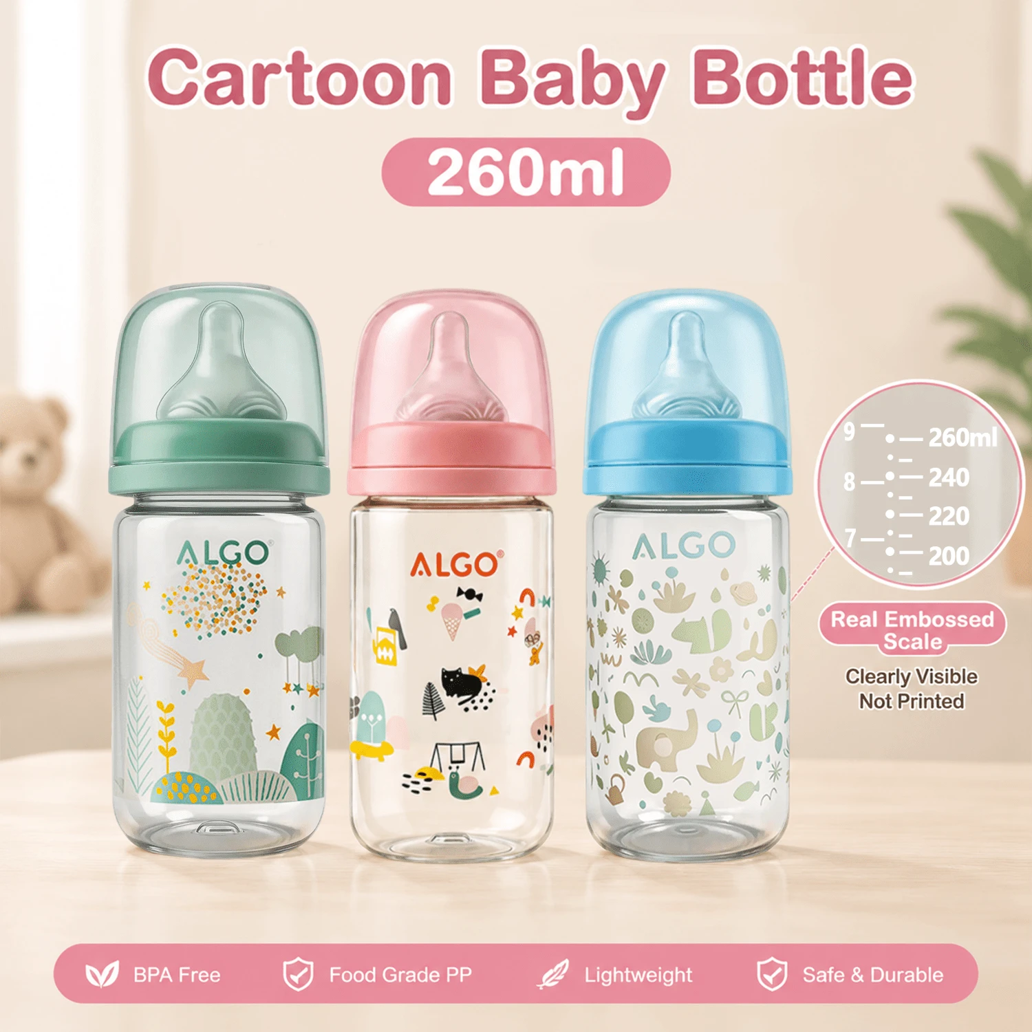 1個 260ml 卡通印花嬰兒奶瓶，圓孔 PP 寬口，防嗆奶嬰兒奶瓶，可愛卡通嬰兒奶瓶，適合日常使用 - 彩色 - 查看 1