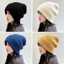 1pc Women Thick Knit Multi-Color Beanie Hat, Korean Style Warm Loose Fit Ear Protection Knitted Cap, Versatile For Autumn/Winter,Summer,Beach - Black - View 1