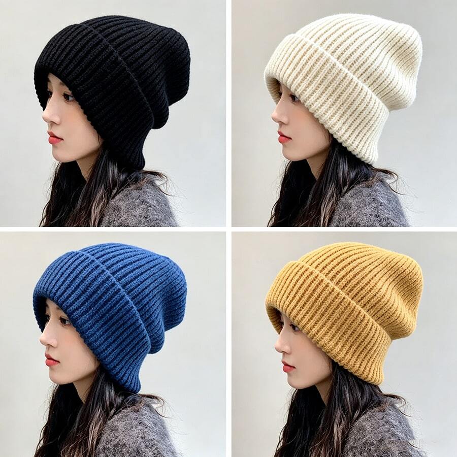 1pc Women Thick Knit Multi-Color Beanie Hat, Korean Style Warm Loose Fit Ear Protection Knitted Cap, Versatile For Autumn/Winter,Summer,Beach - Black - View 1