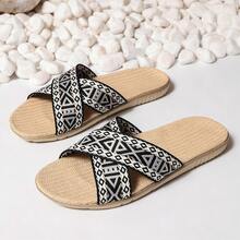 Women's Spring/Summer Home Slippers, Cross Strap Linen Slippers, Vintage All-Season Breathable Indoor Floor Slippers, Comfortable Beach Vacation Slippers - Black - View 4