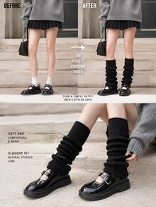 Women's Black Knit Leg Warmers, Slouchy Ribbed Boot Socks, Preppy Y2K Streetwear For Fall Winter Campus, Casual & Daily Outfits - Multicolor - View 6