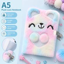 A5 Cute Cartoon Plush Lock Notebook, Soft Fuzzy Diary Journal With Lock And Key, Kawaii Stationery Gift For Girls - Multi-color - View 10