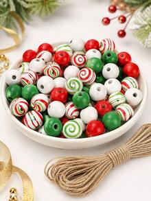 105pcs Christmas Wooden Beads Set (Includes Jute Rope) - Red, Green, White Three-Color Mint Candy Shaped Round Wooden Beads, Suitable For DIY Wreaths, Tiered Tray Decor And Handmade Crafts - Multicolor - View 7