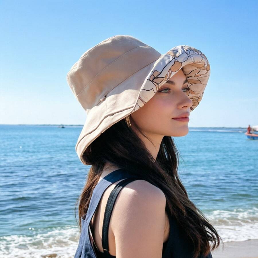1件女款可反穿花卉印花遮陽帽,防紫外線寬邊全臉遮陽帽,適合海灘與度假 - 雙面漁夫帽 - 查看 1