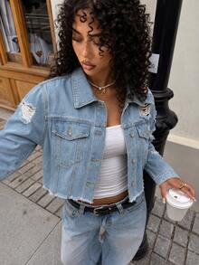 Women's Light Wash Short Denim Shacket, Distressed Detail, Long Sleeve Shirt Collar, Non-Stretch, Grunge Style - Light Wash - View 2