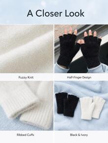 Women's Fleece Lined Half Finger Gloves, Warm Knitted Half Finger Gloves With Ribbed Cuffs, Suitable For Autumn And Winter, Open Finger Design Convenient For Typing, Writing And Learning, Office And Travel Accessory, Women's Christmas Gift - Multicolor - View 9
