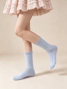 1/5 Pairs Blue & White Floral Cute Puppy Bow Mid-Calf Socks - Multicolor - View 9