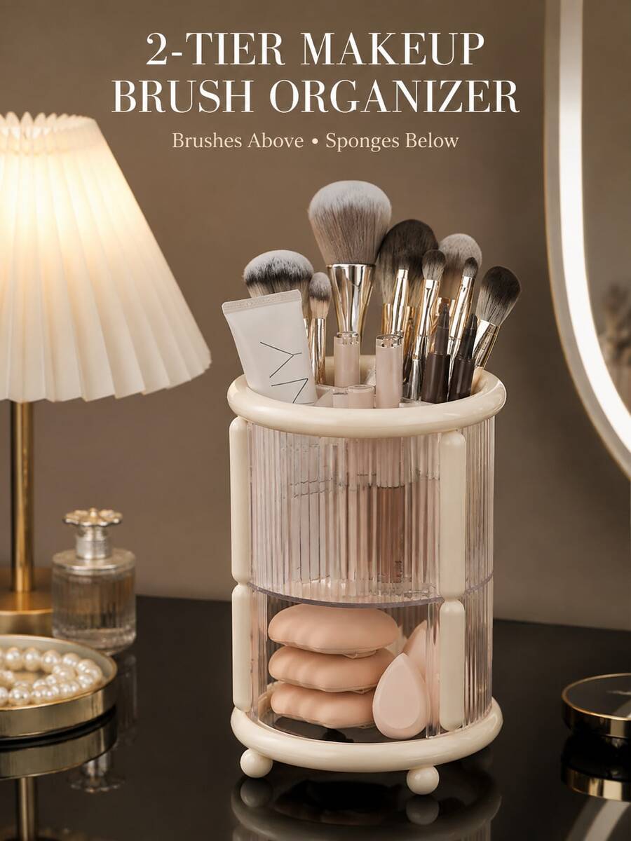 Color-Block Makeup Brush Holder-Saves Countertop Space. This Multifunctional Organizer Is Made Of Sturdy, Durable Plastic And Is Perfect For Vanity Or Bathroom Countertops-An Essential Storage Solution For Your Grooming And Bathroom Areas. - Multicolor - View 1