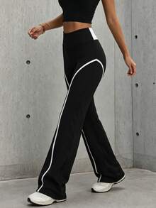 Hidkat Women's Fashion Solid Color Patchwork Waistband Letter Yoga Casual Sports Knit Long Pants - Black and White - View 4