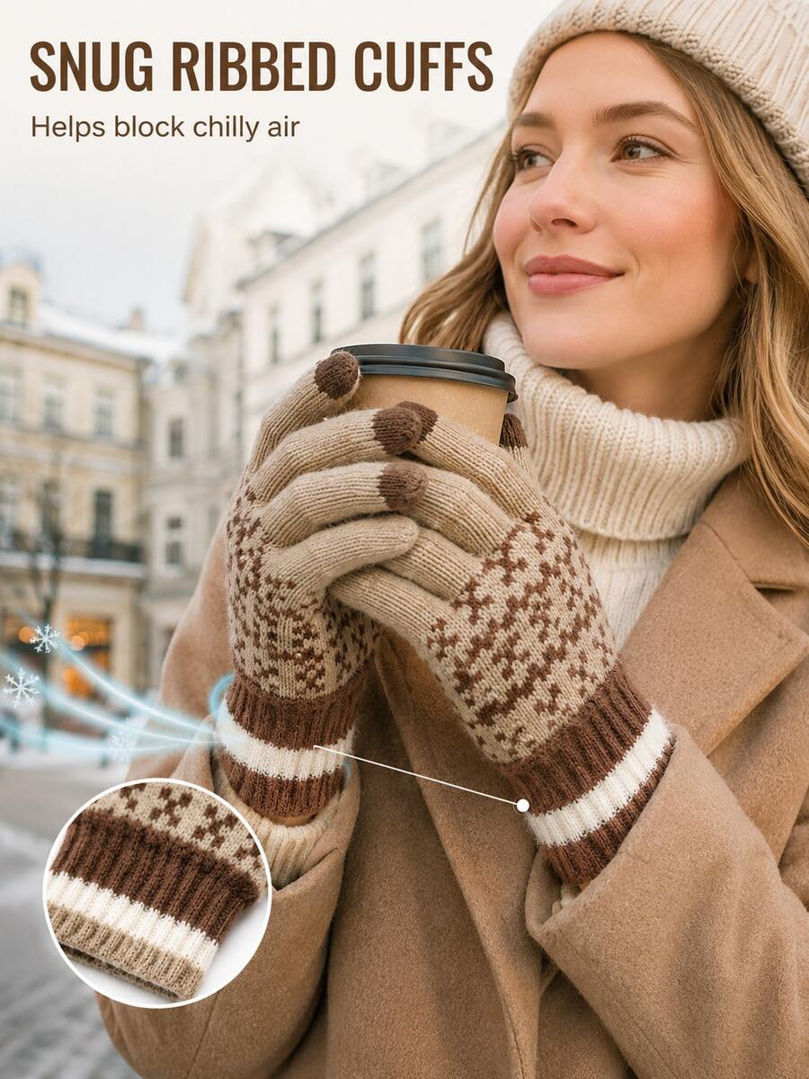 This Touchscreen Jacquard Gloves Feature Classic Jacquard Texture, Soft And Warm Knitted Fabric, Fingertips Support Touchscreen Operation. Unisex, Suitable For Daily Outdoor Use In Autumn And Winter, Such As Commuting And Cycling - Multicolor - View 1